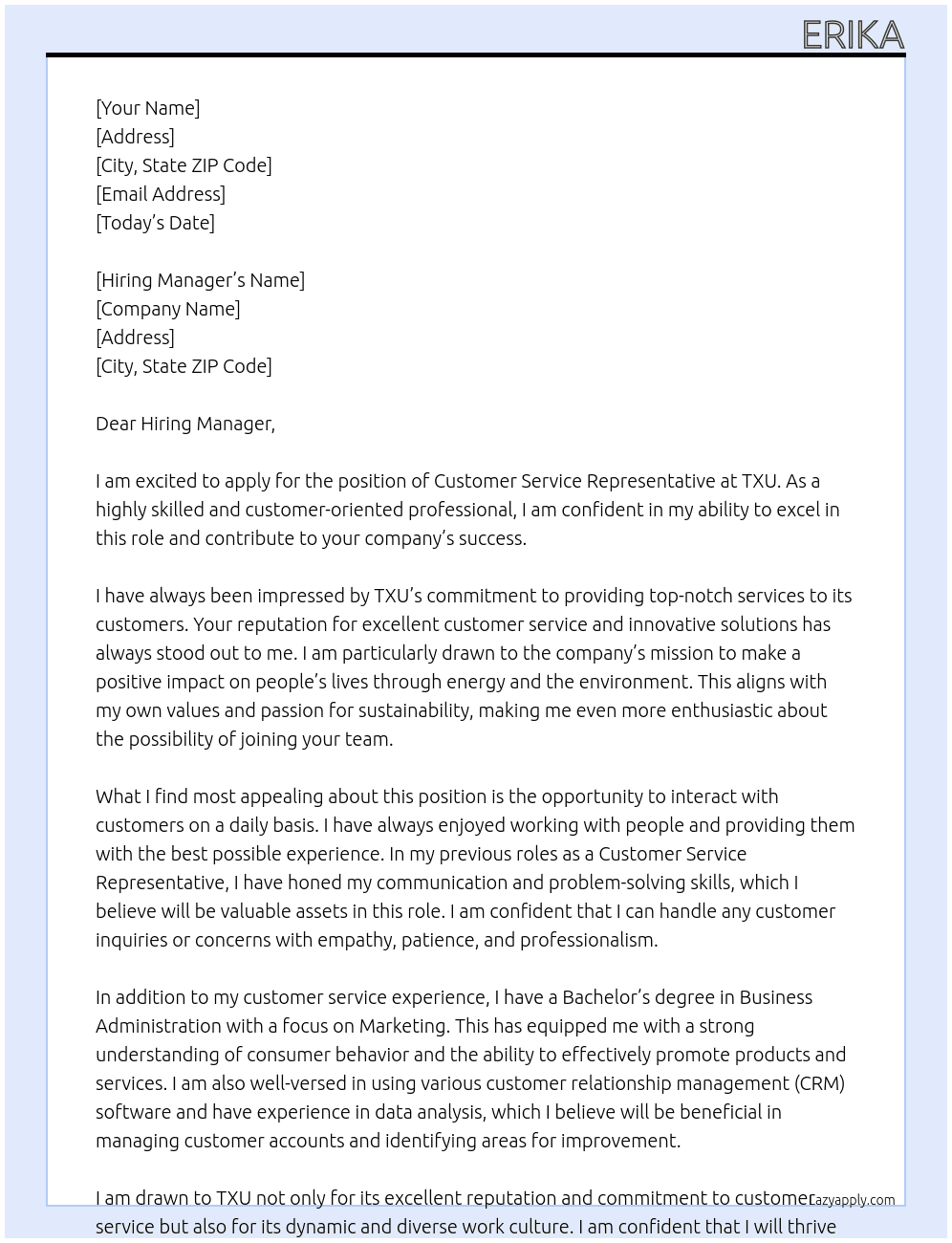 Customer Service Representative At TXU Cover Letter
