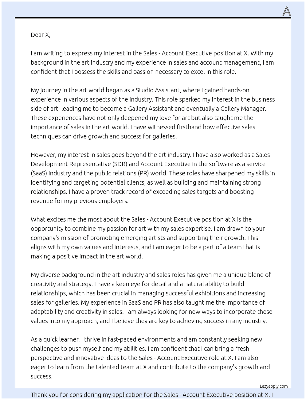 Sales - Account Executive At X Cover Letter