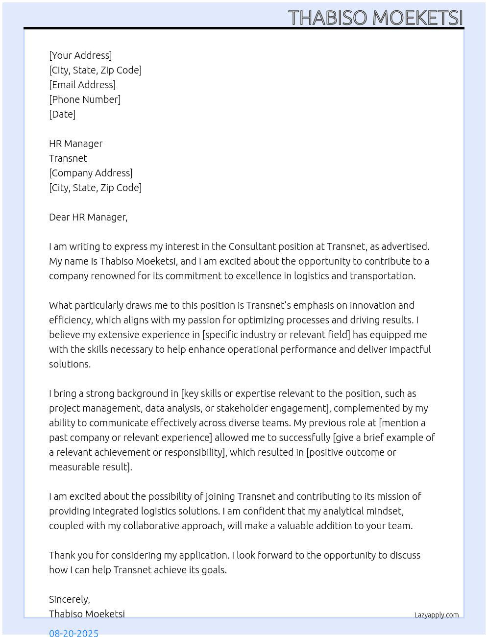 consultant At transnet Cover Letter