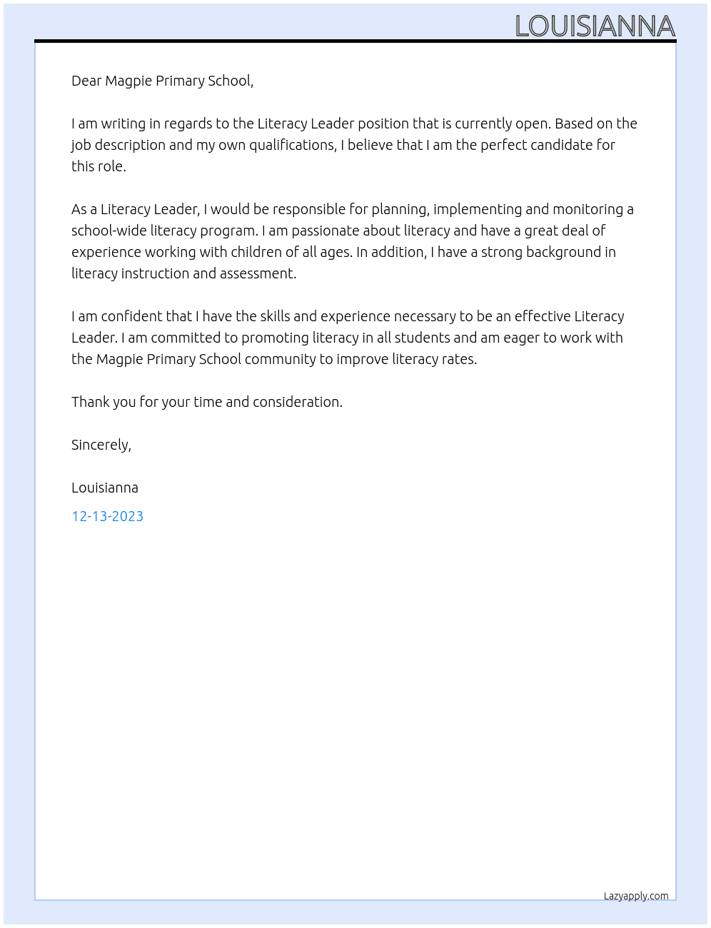 Literacy Leader At Magpie Primary School Cover Letter