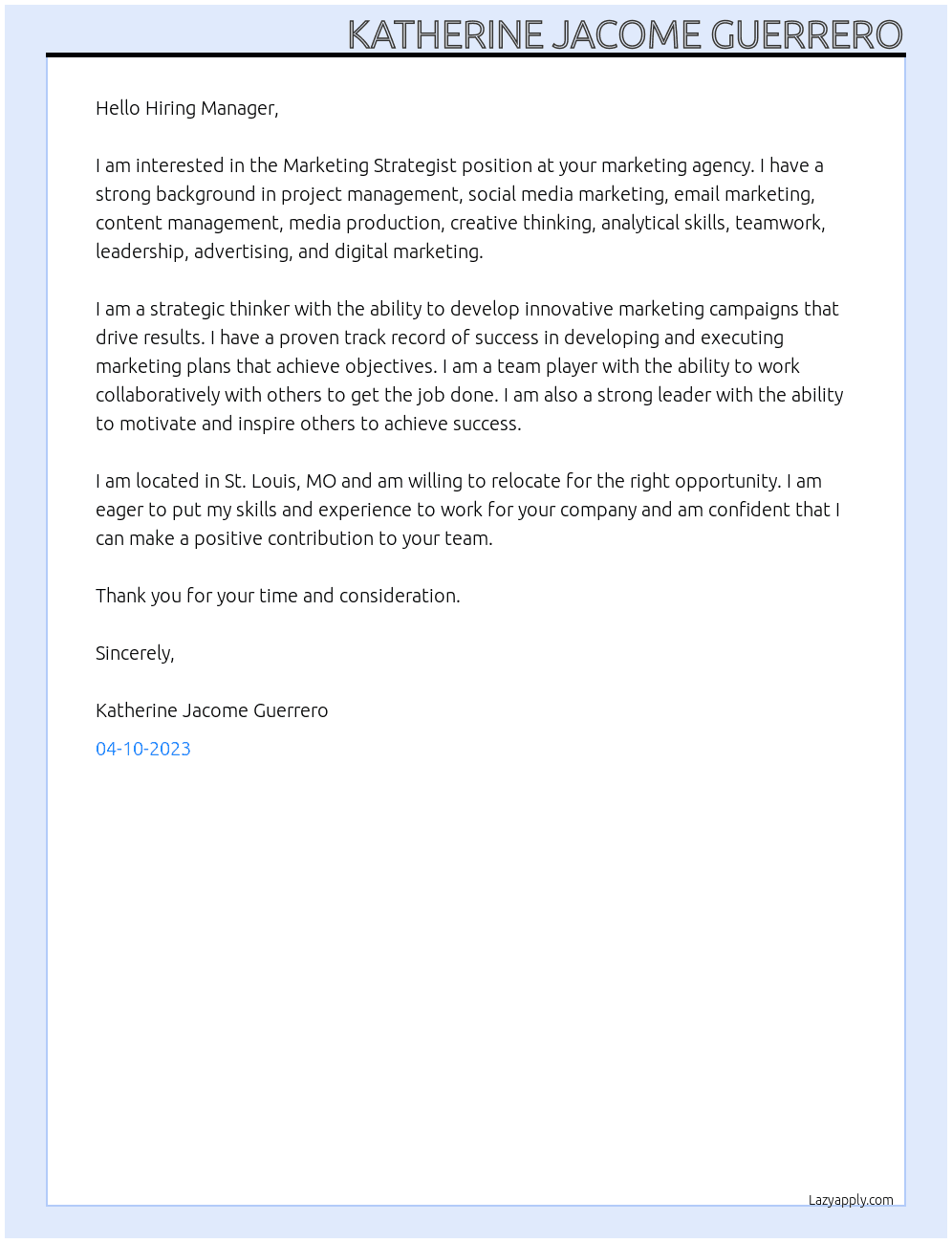 Marketing Strategist At Marketing agency Cover Letter