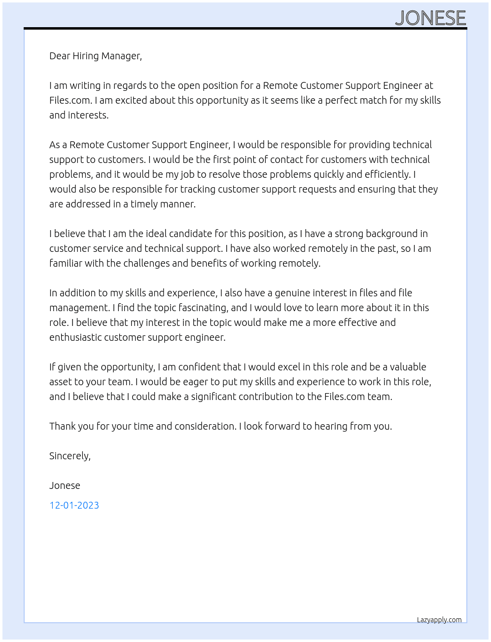 Remote Customer Support Engineer At Files.com Cover Letter