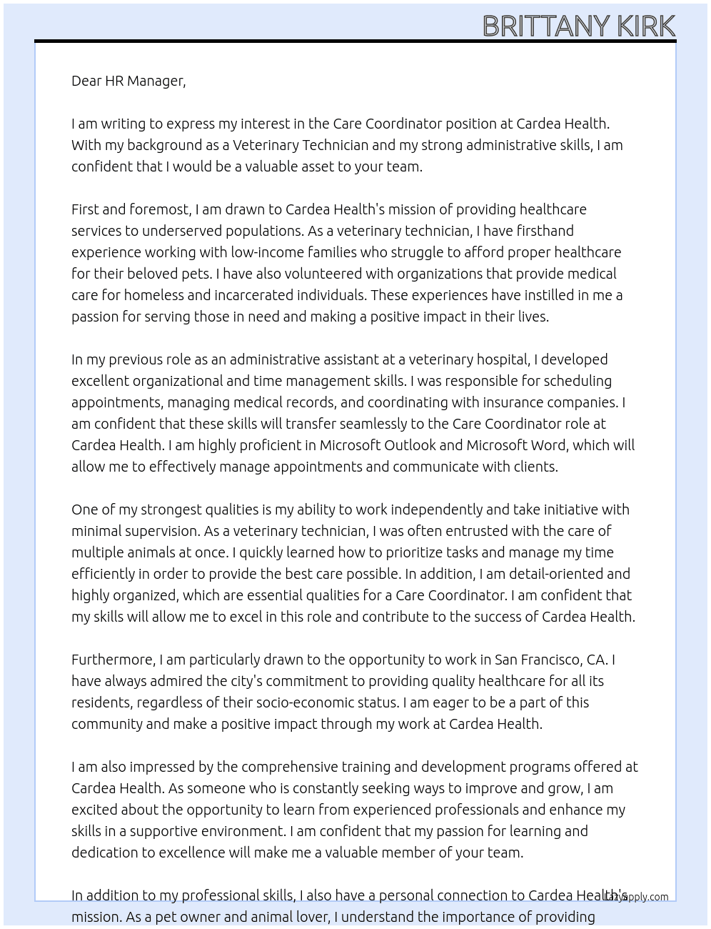 Care coordinator  At Cardea Health Cover Letter