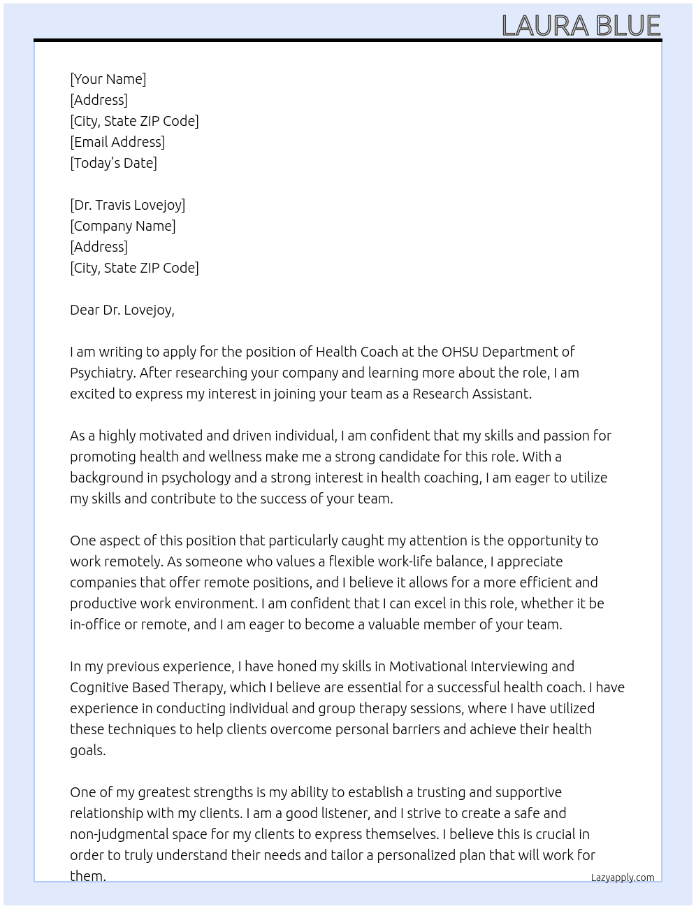Health coach At OHSU Department of Psychiatry  Cover Letter