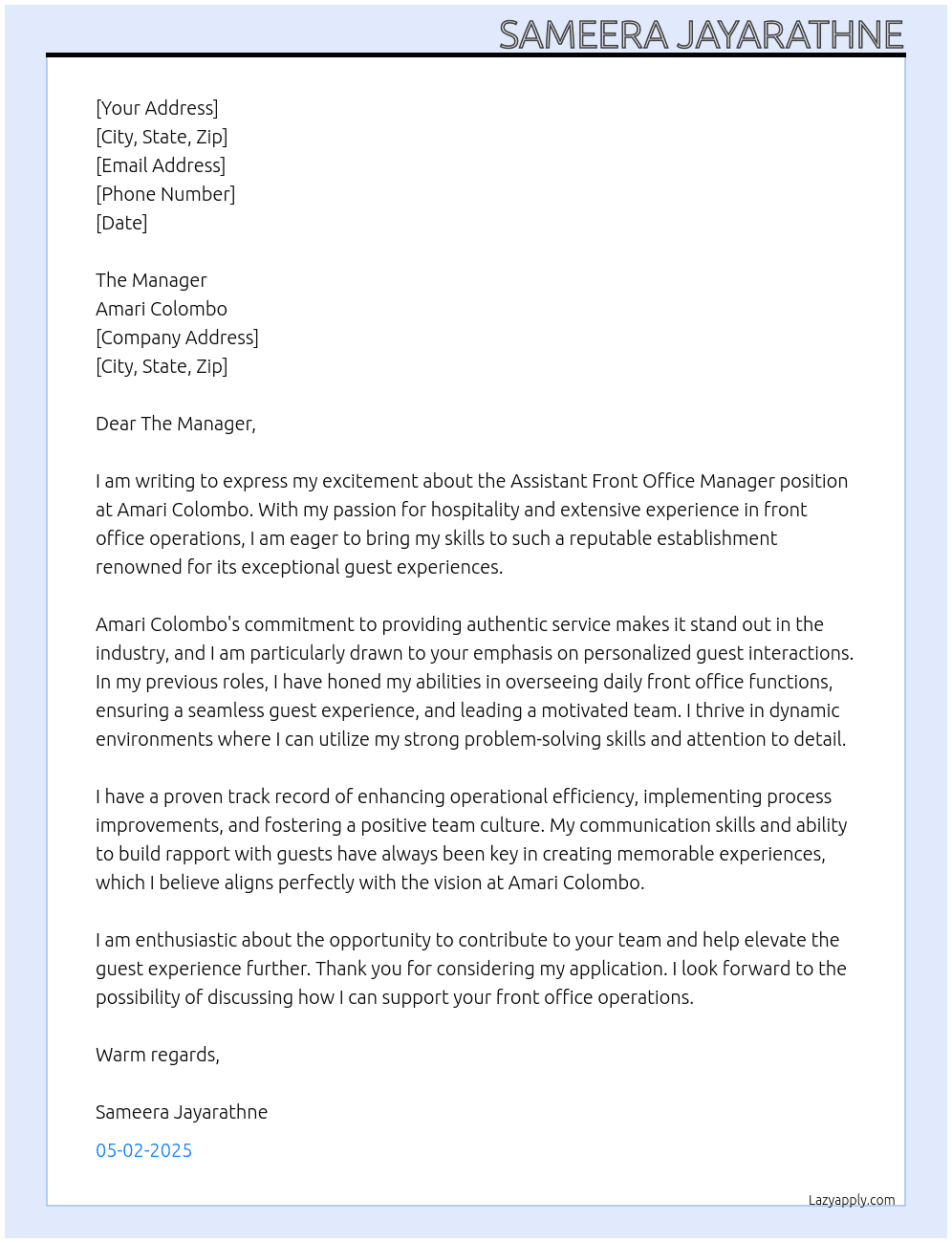 Assistant Front Office Manager At Amari Colombo Cover Letter