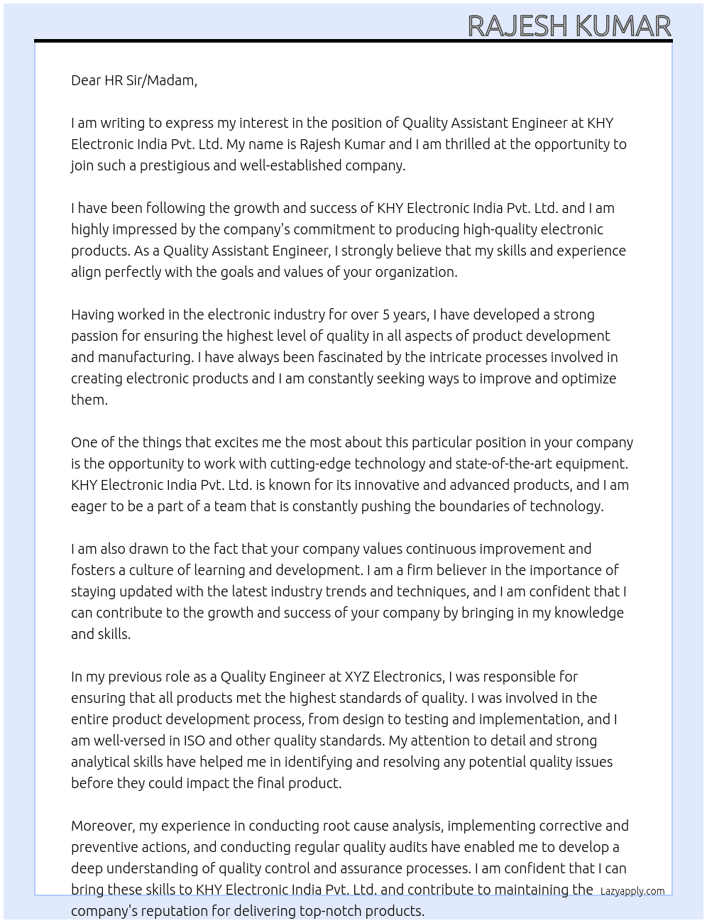 Quality Assistant Engineer At KHY ELECTRONIC INDIA PVT. LTD Cover Letter