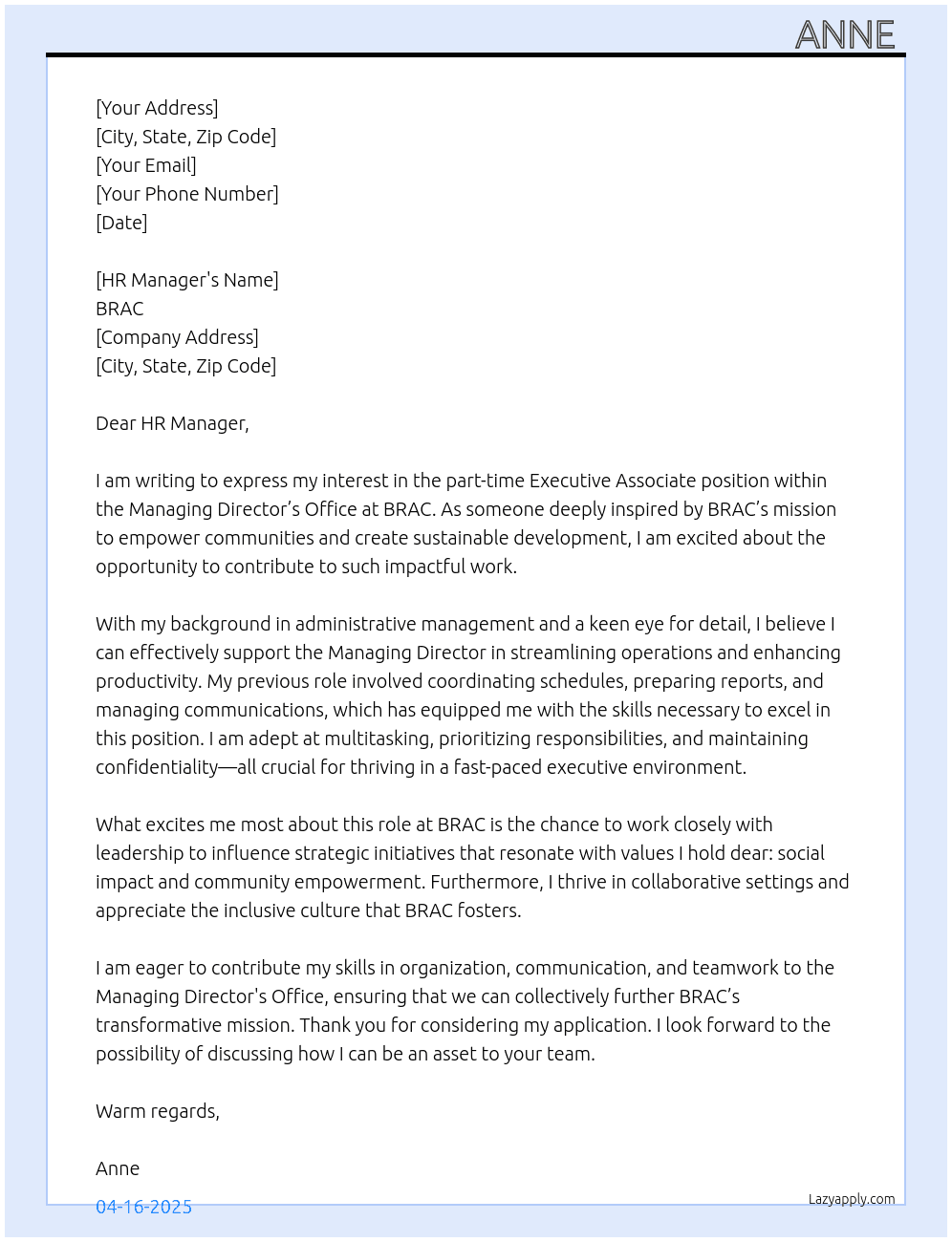 Executive Associate (Managing Directors Office) At bracs Cover Letter