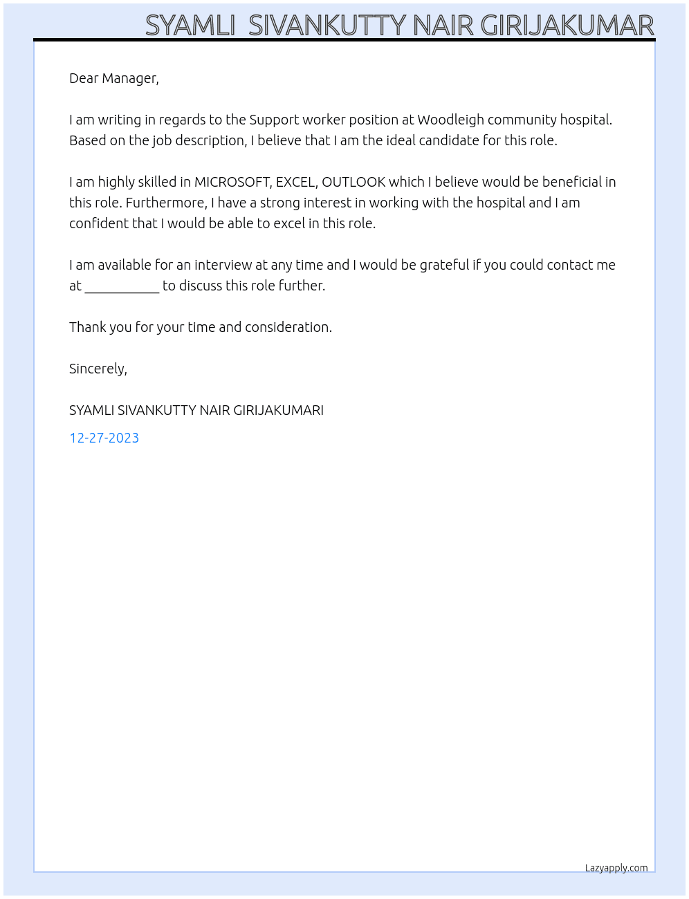 Support worker At Woodleigh community hospital Cover Letter