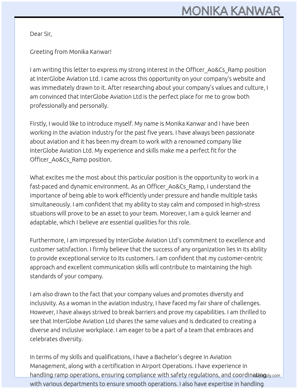 Officer_Ao&Cs_ Ramp  At Inter globe aviation Ltd  Cover Letter