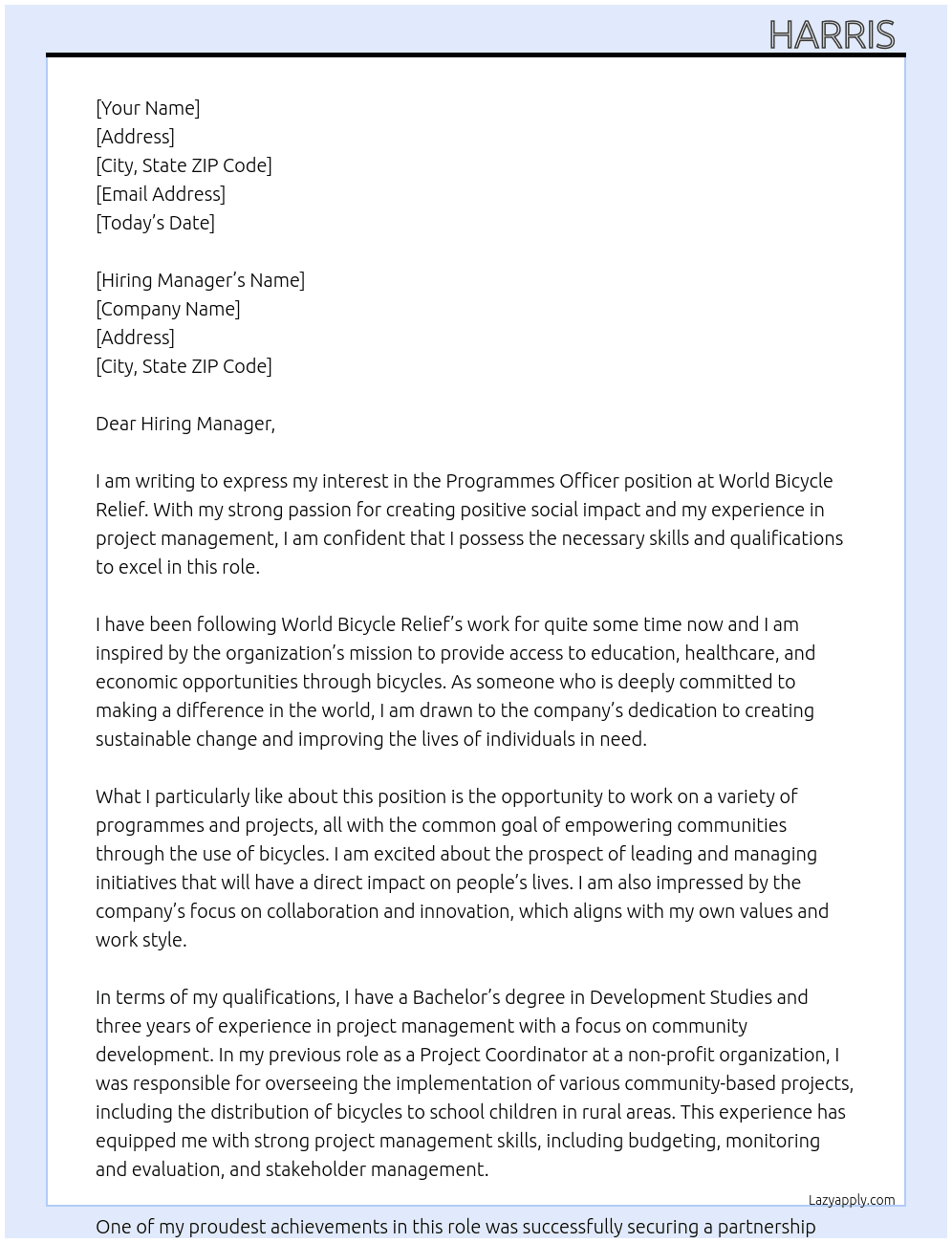 programmes officer At World Bicycle Relief Cover Letter