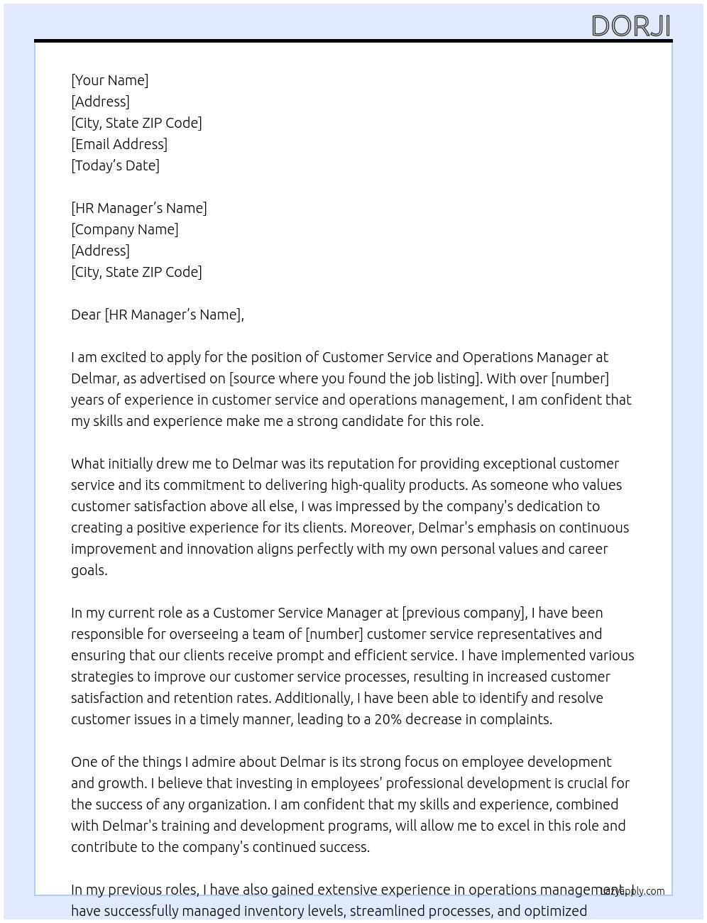 customer service and operations manager At delmar Cover Letter