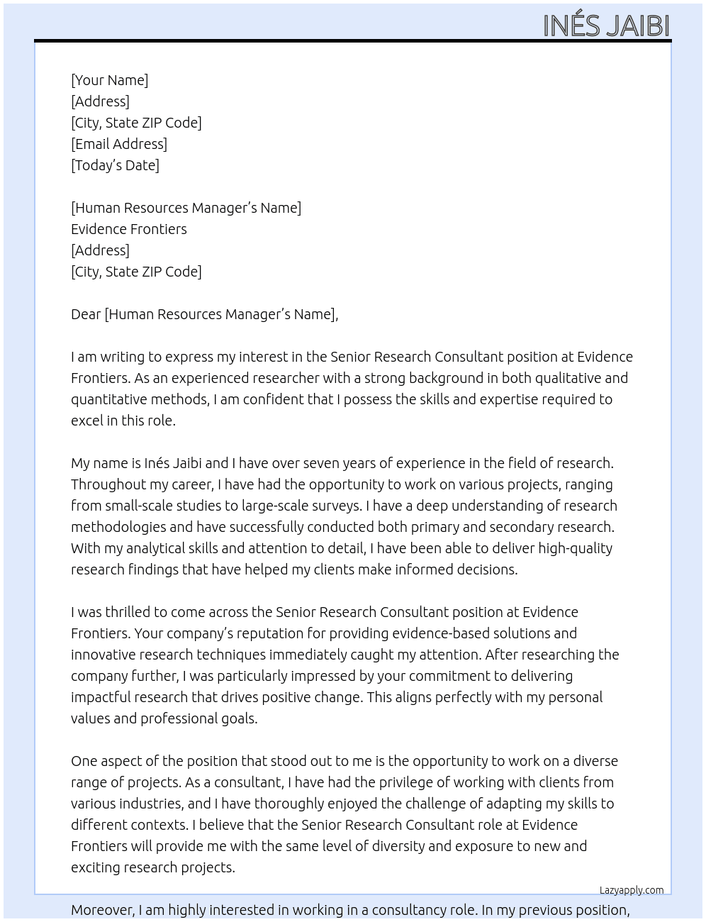 Senior Research Consultant  At Evidence Frontiers Cover Letter