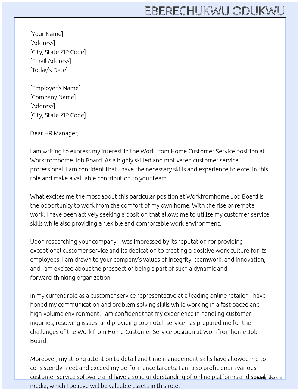 Work from home customer service At Workfromhome Job Board Cover Letter