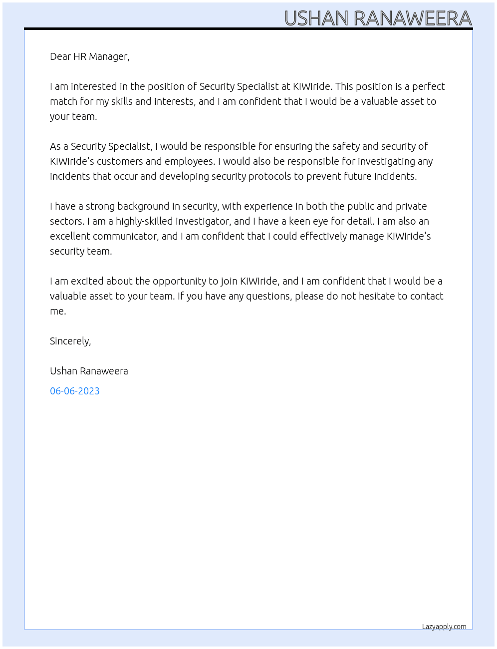 Security Specialist At KIWIride Cover Letter
