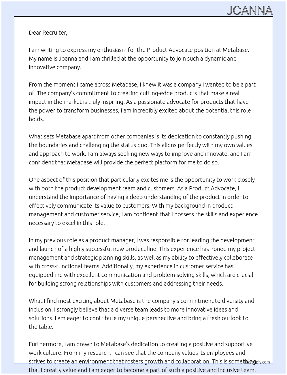 Product Advocate At metabase Cover Letter