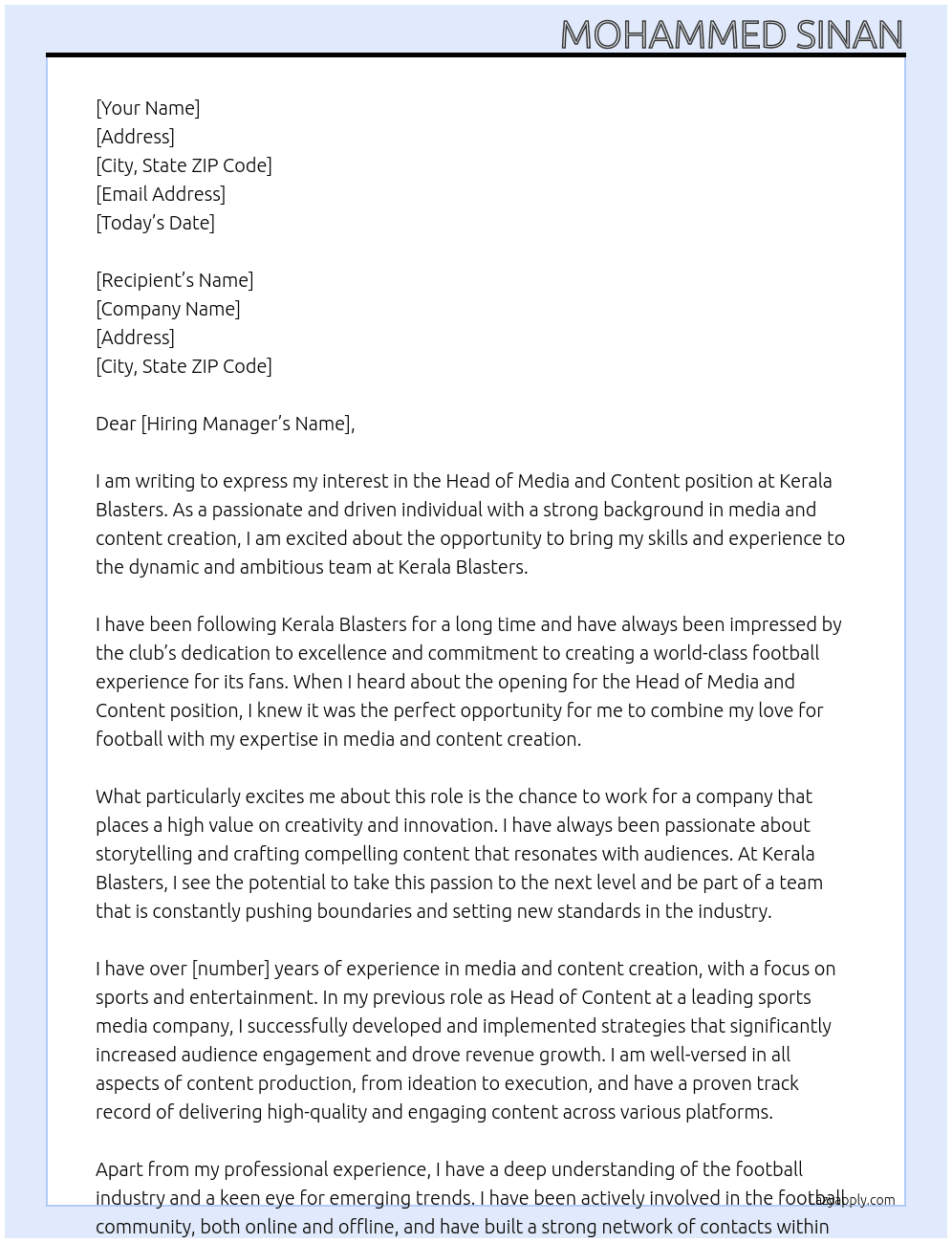 Head of media and content  At Kerala blasters  Cover Letter