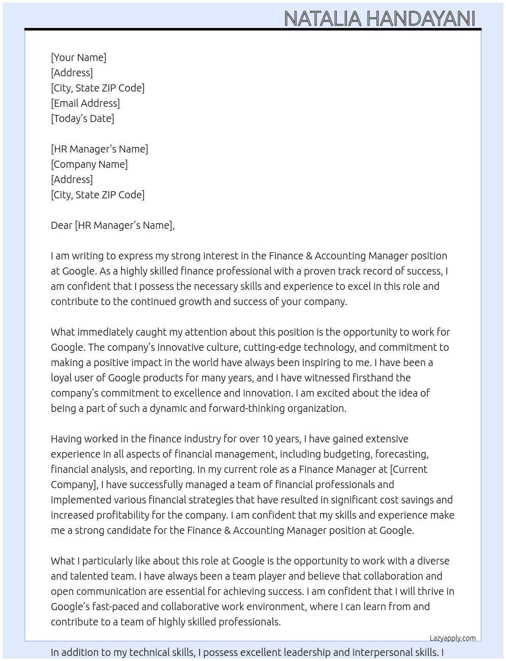 Finance & Accounting Manager At Google Cover Letter