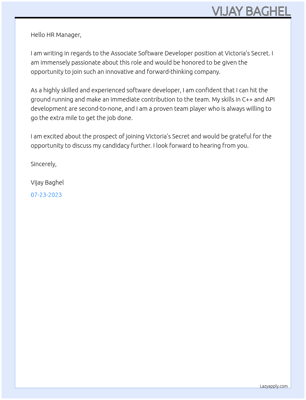 Associate software developer  At Victoria's Secret Cover Letter