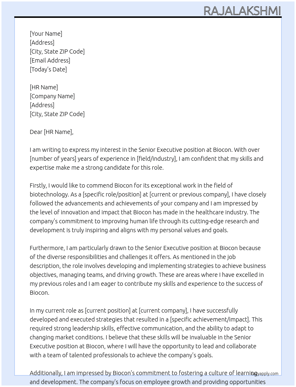 Senior executive At Biocon Cover Letter