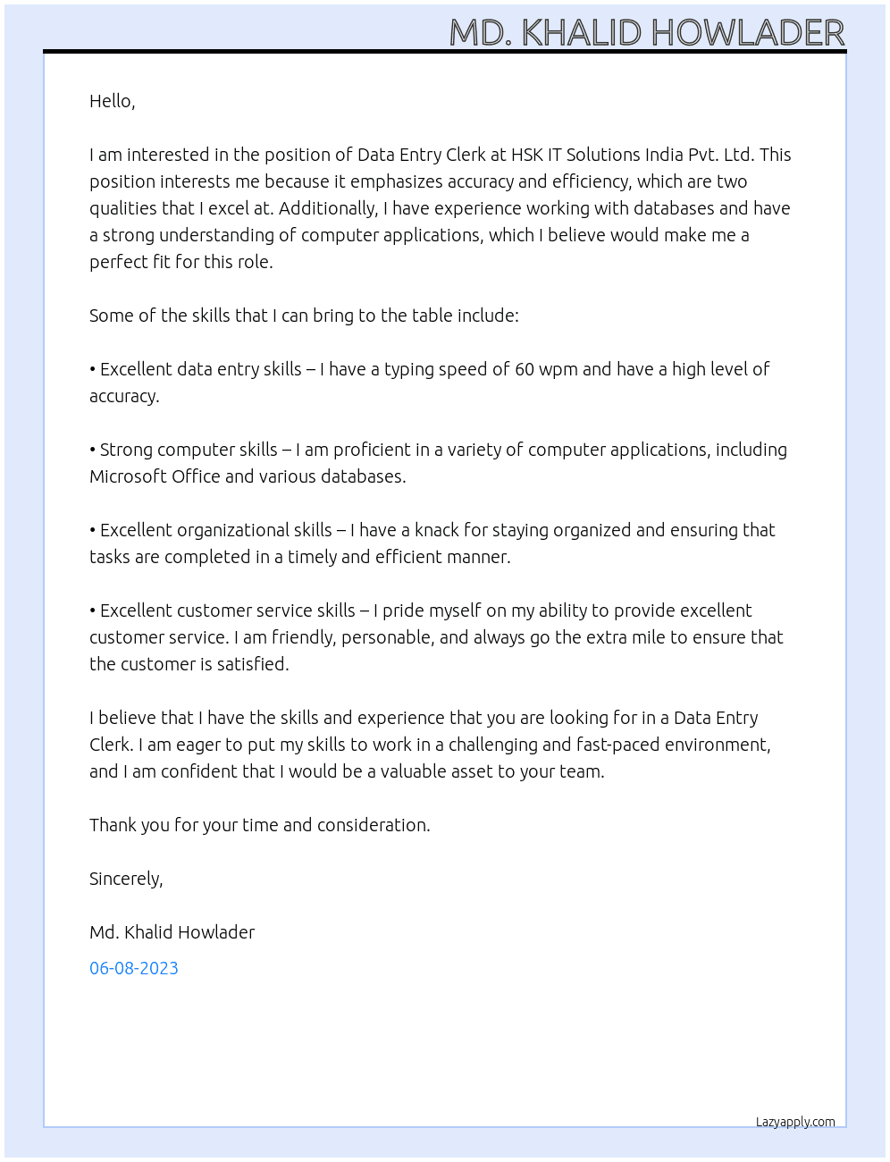 Data Entry Clerk At HSK IT Solutions India Pvt. Ltd. Cover Letter