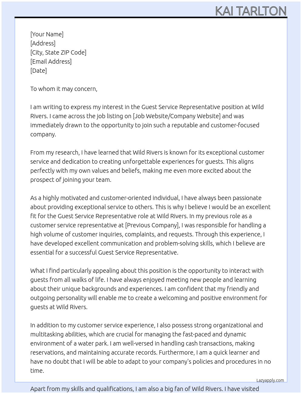 Guest service representative At Wild Rivers Cover Letter