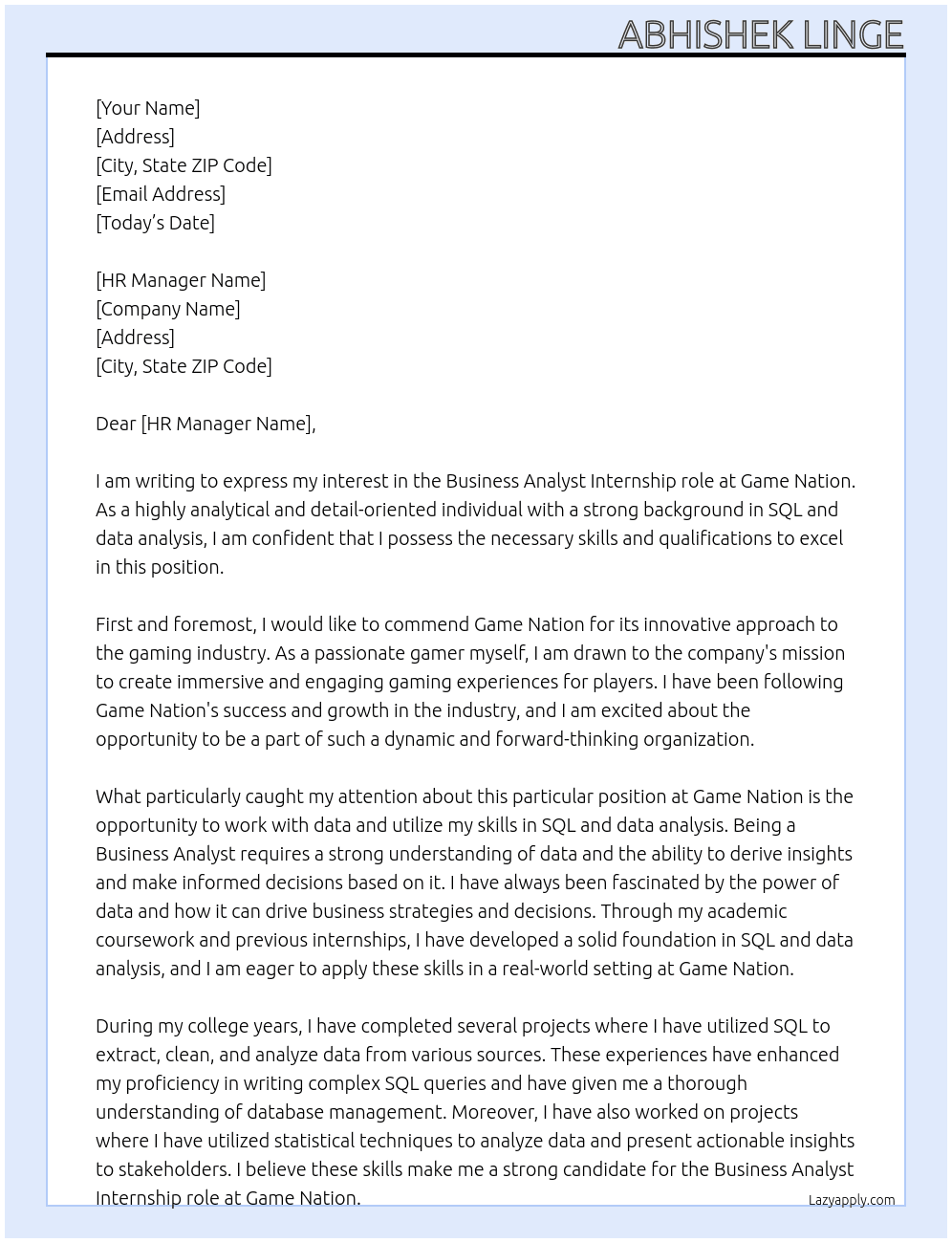 Business analyst  At Game Nation  Cover Letter