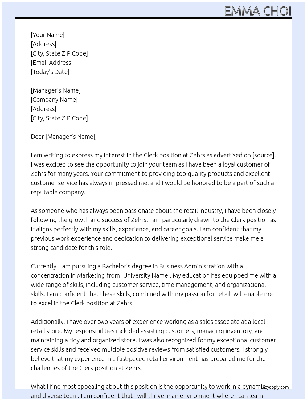 clerk  At Zehrs  Cover Letter