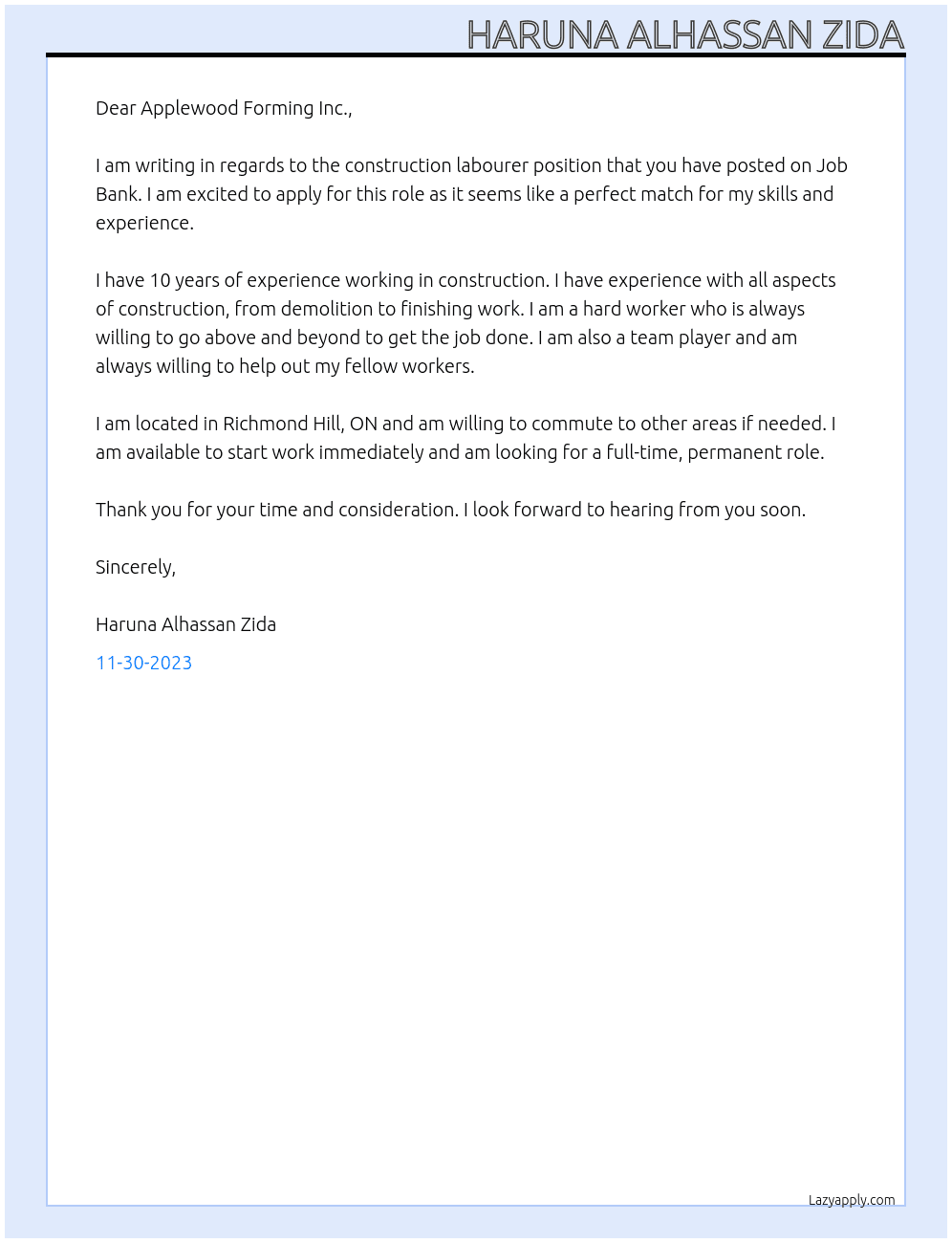 Construction labourer At Job Bank #2634347 Cover Letter