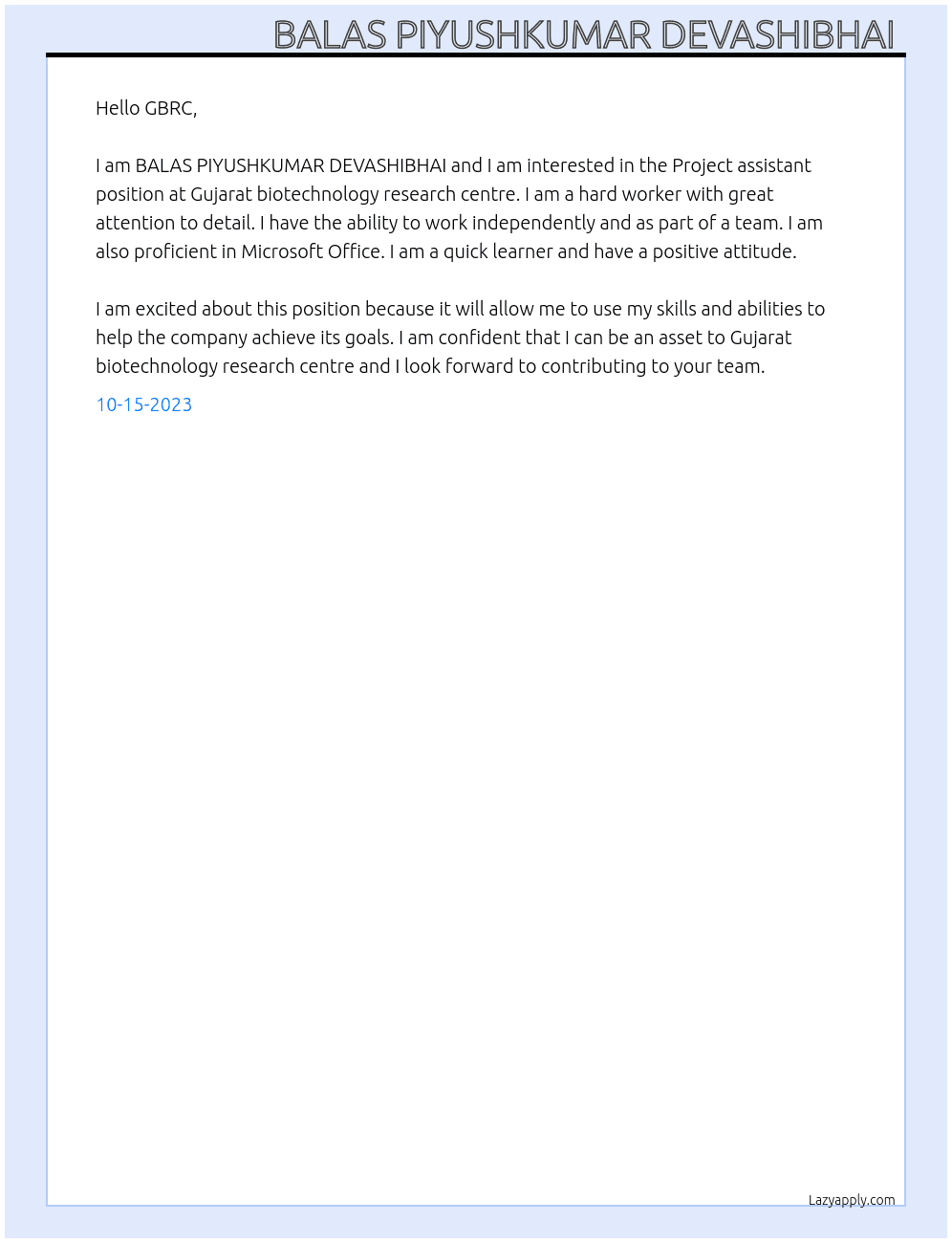 Project assistant  At Gujarat biotechnology research centre  Cover Letter