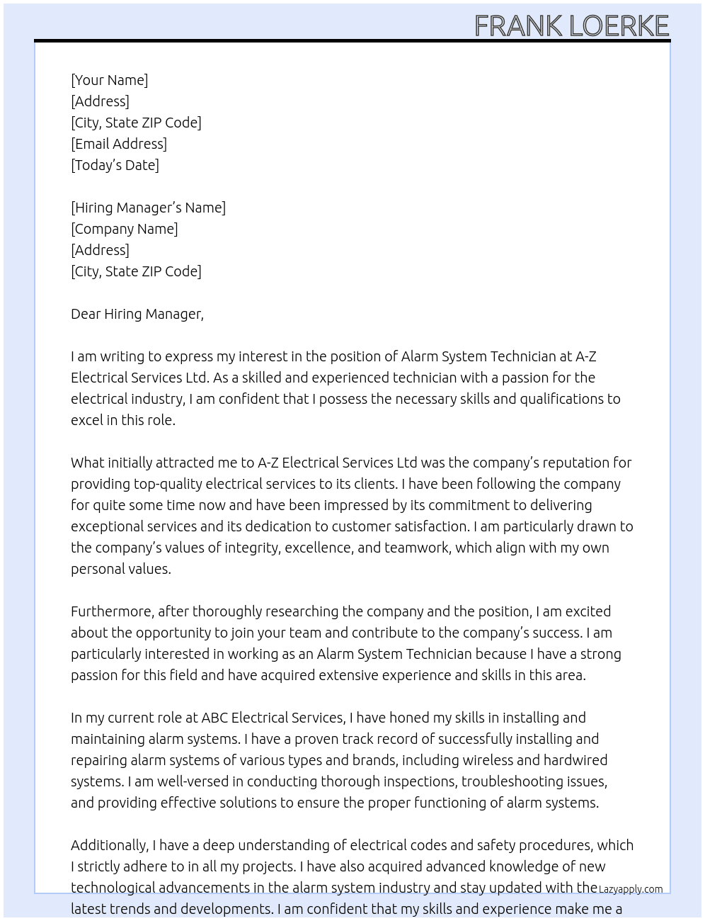Cover letter for alarm system technician - LazyApply