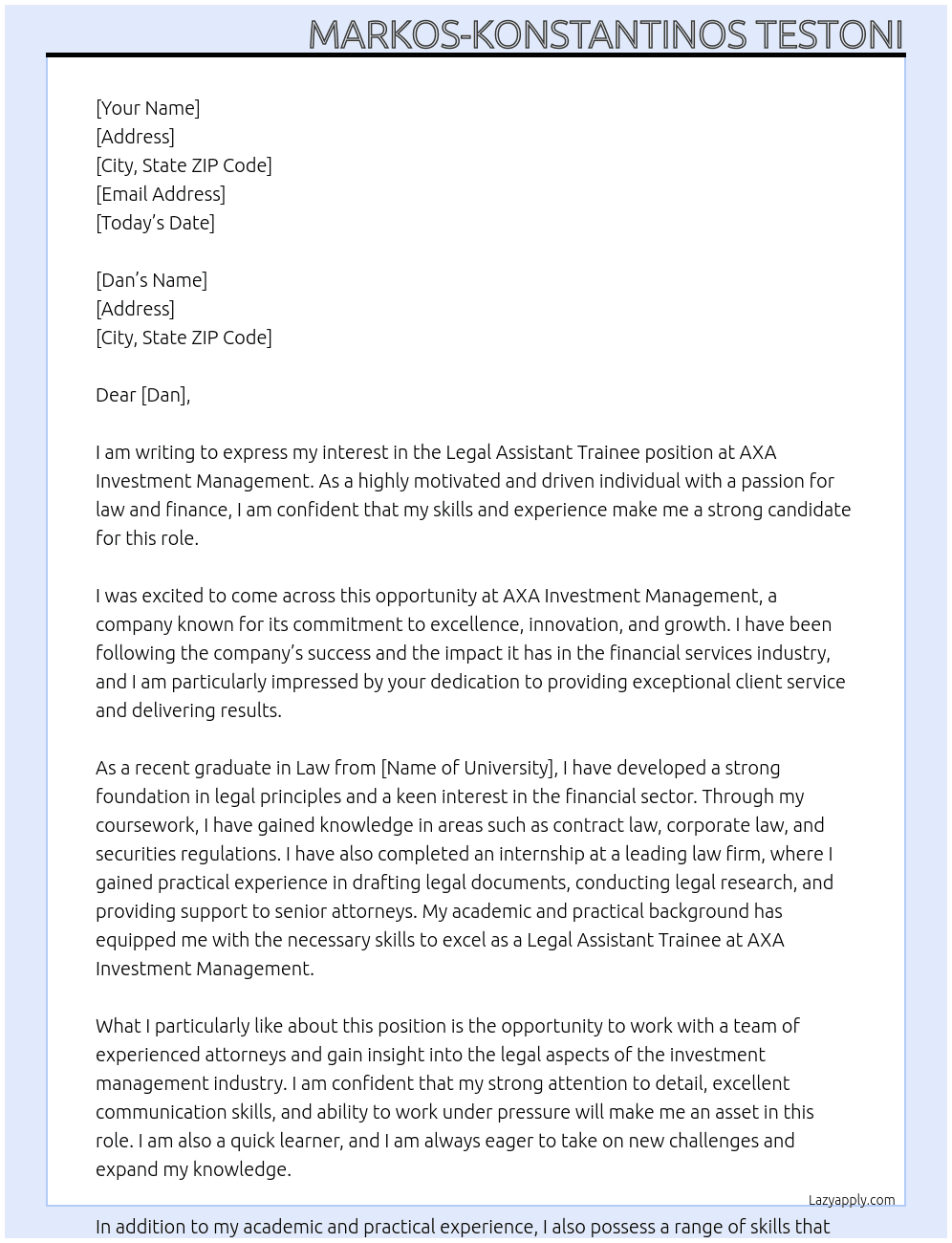 Legal Assistant Trainee At AXA Investment Management Cover Letter