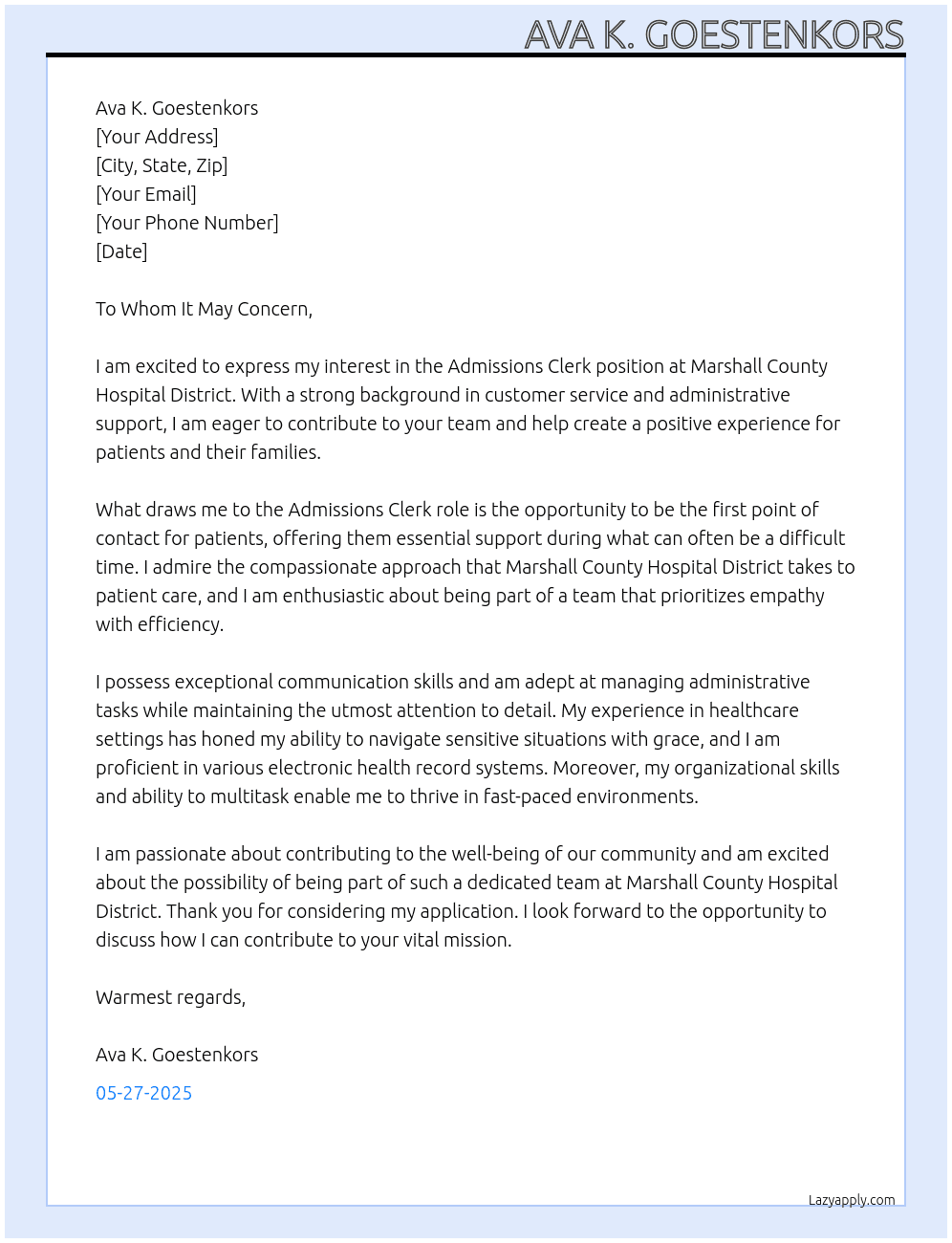 Cover letter for admissions clerk - LazyApply