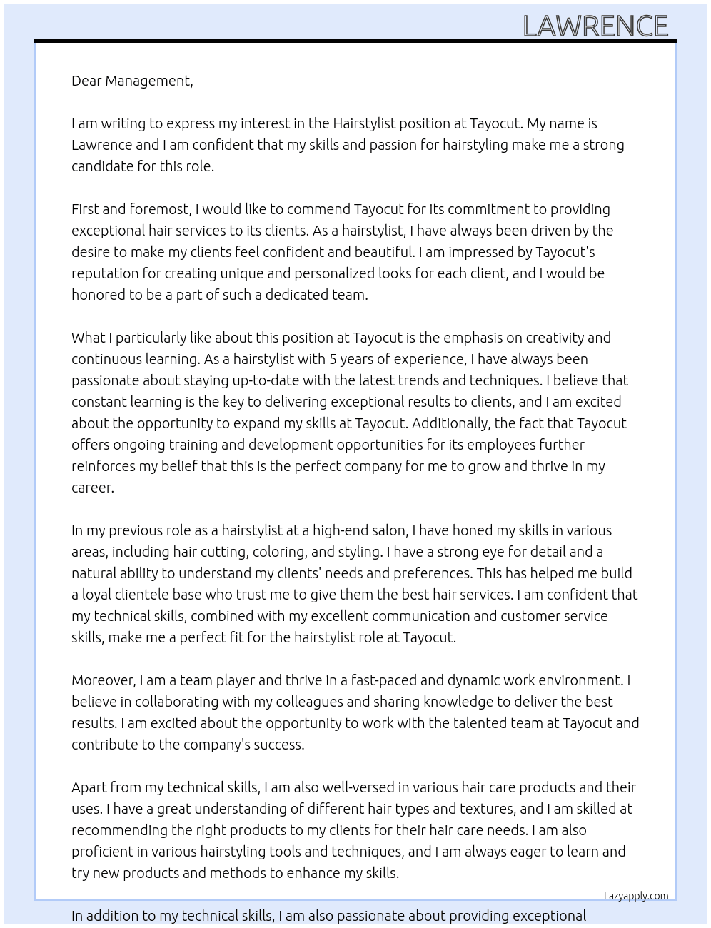 Hairstylist  At Tayocut Cover Letter