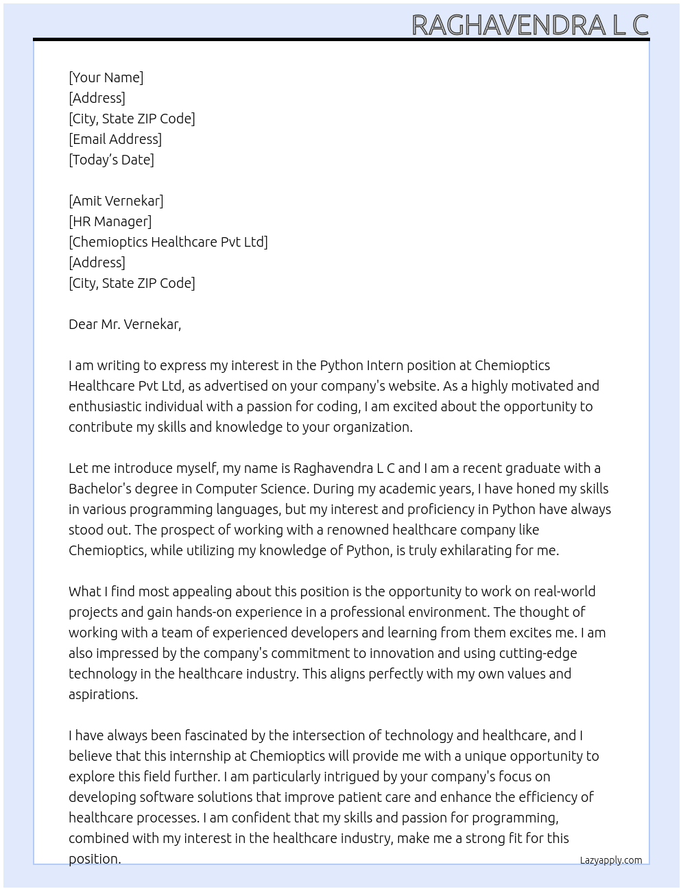 Python Intern  At Chemioptics Healthcare Pvt Ltd  Cover Letter