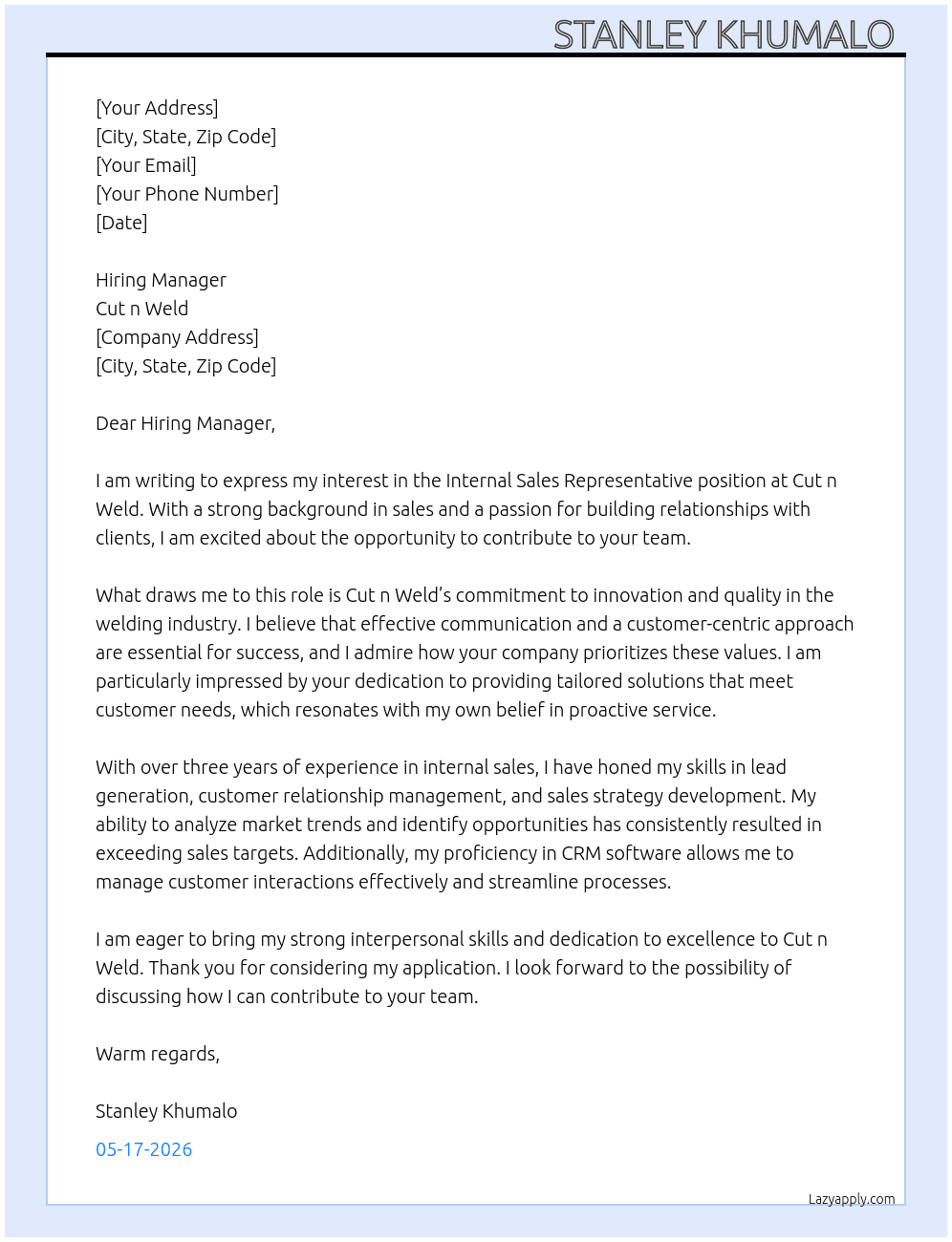 Cover letter for internal sales representative - LazyApply