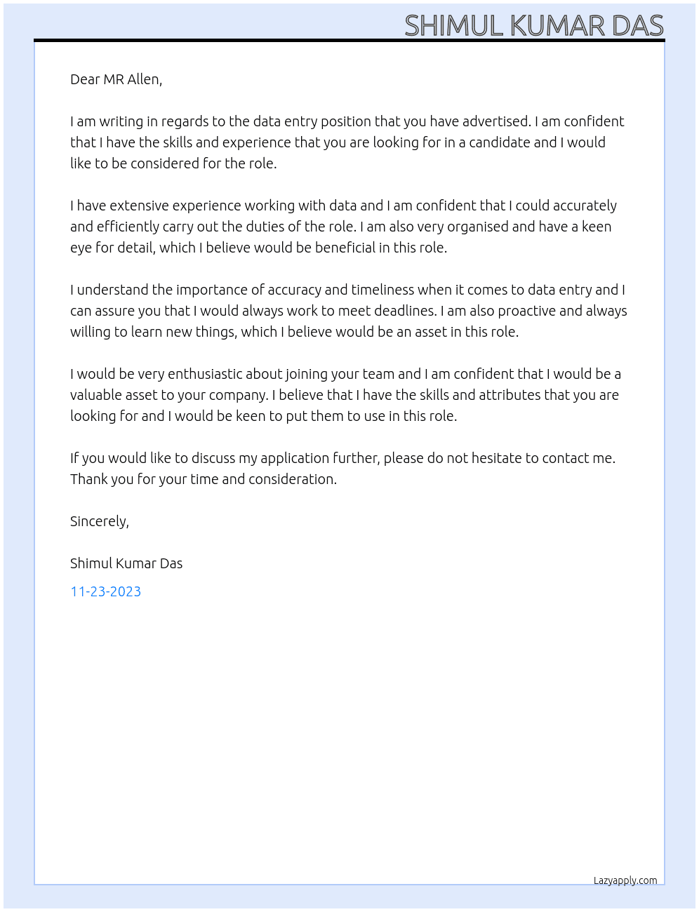 Data entry At MR Allen Cover Letter