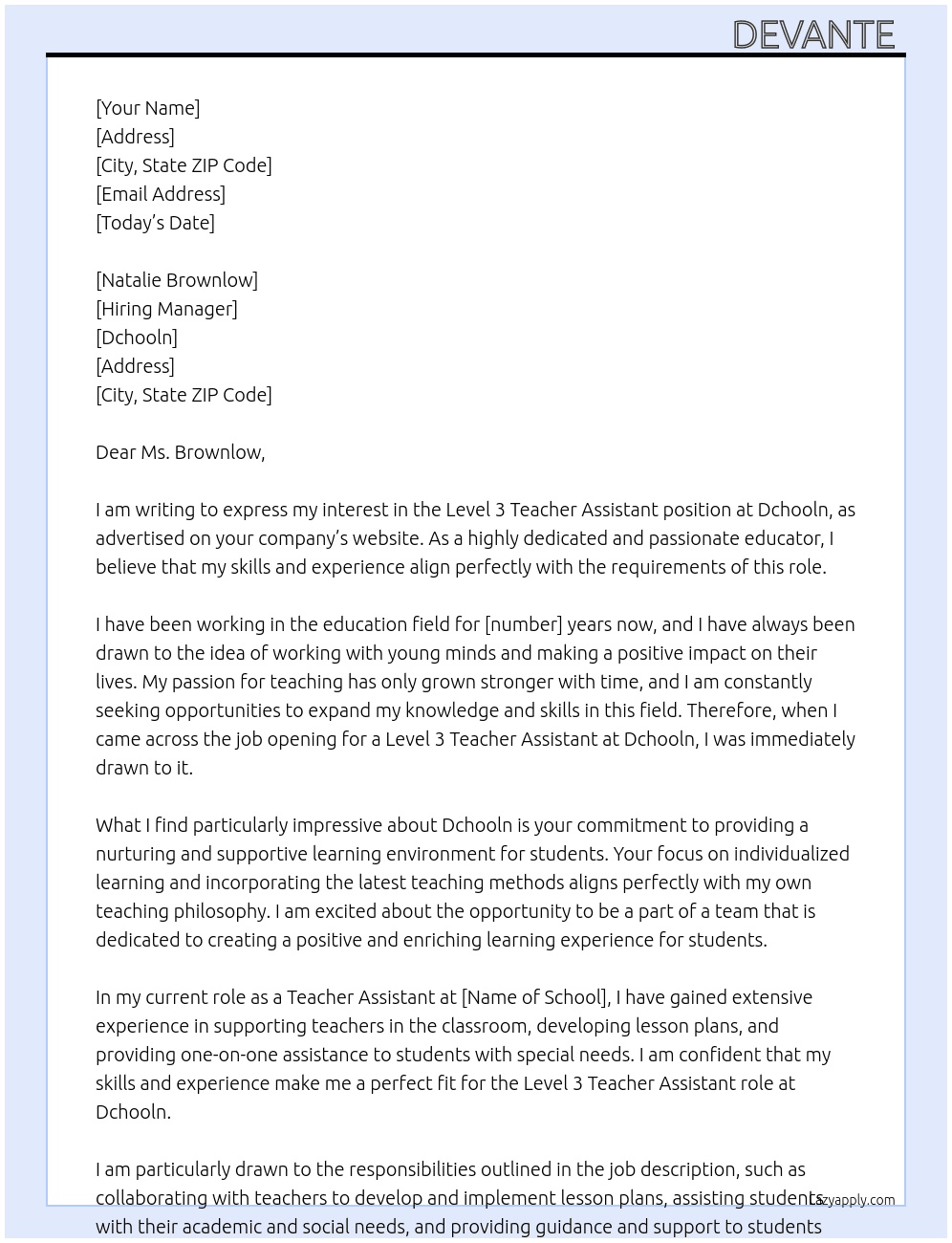 Level 3 teacher assistant  At Dchooln Cover Letter