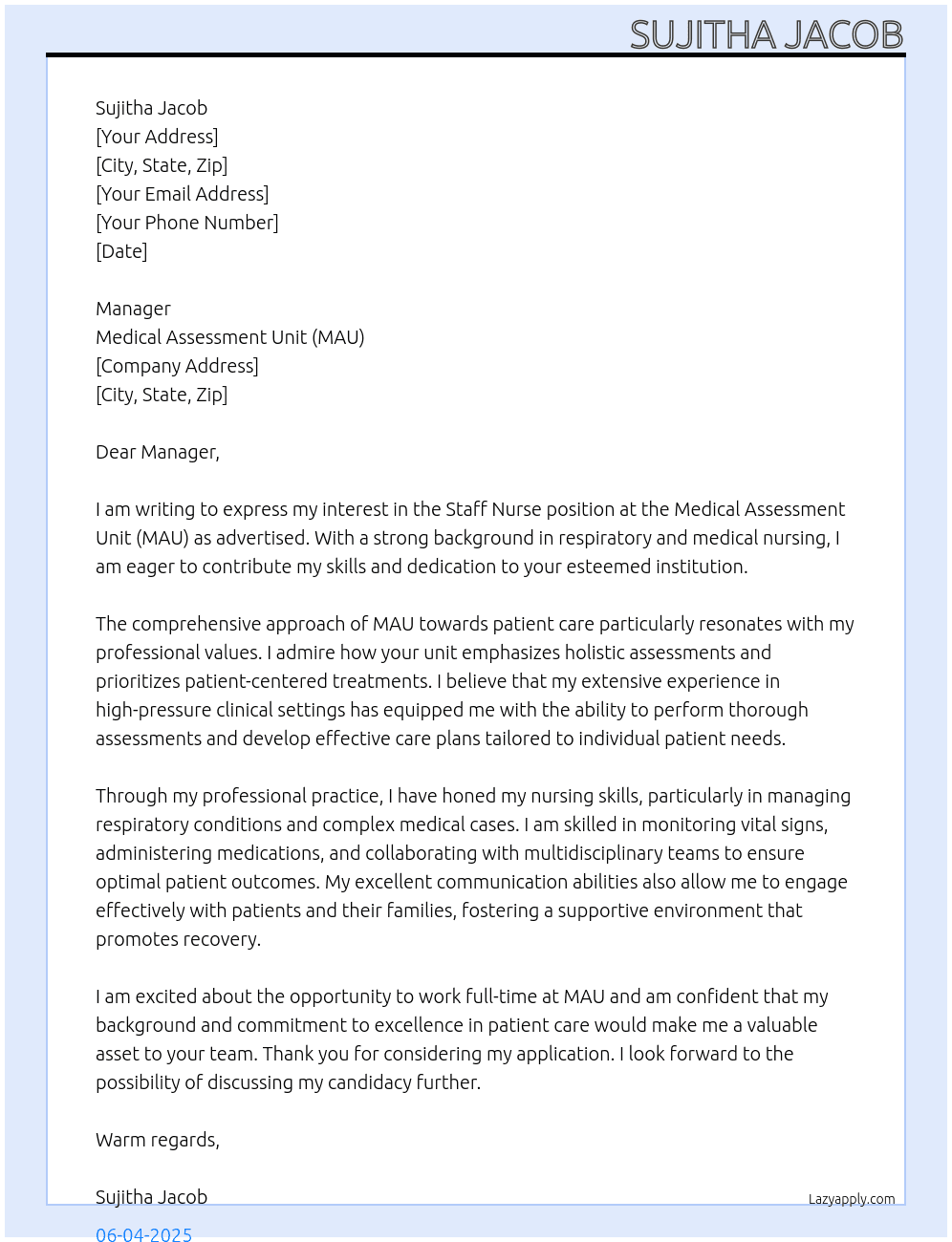 Staff Nurse At Medical Assessment unit (MAU) Cover Letter