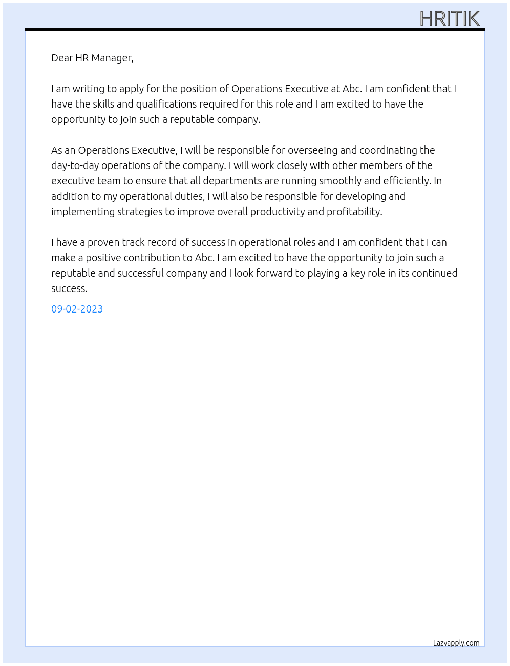 Operations executive  At Abc Cover Letter