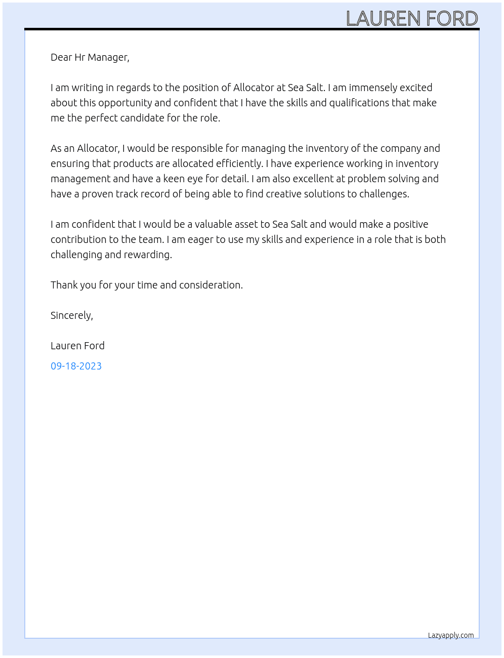 Allocator At Sea Salt Cover Letter