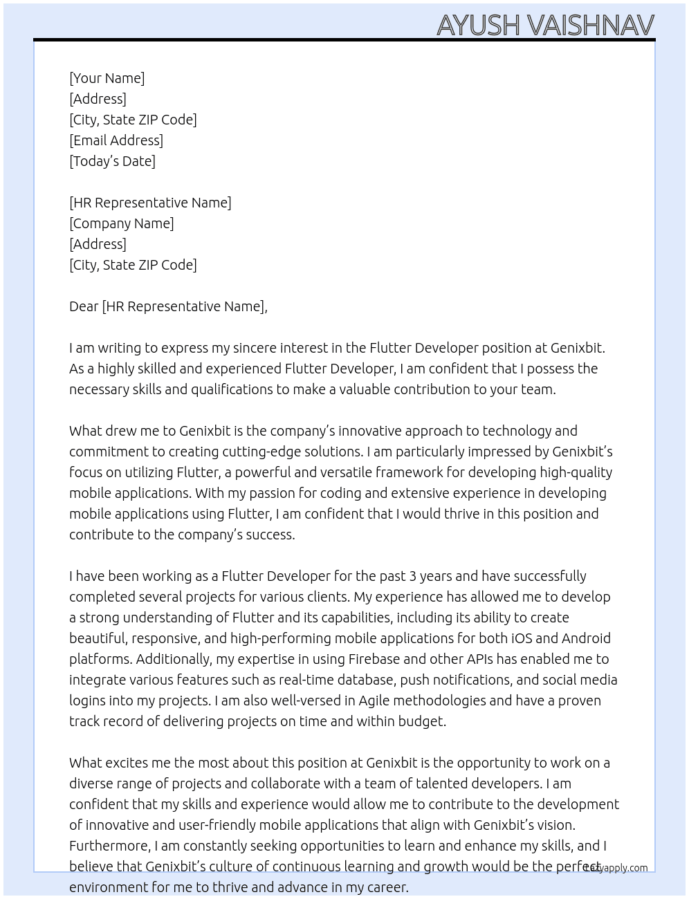 Flutter Developer At Genixbit Cover Letter