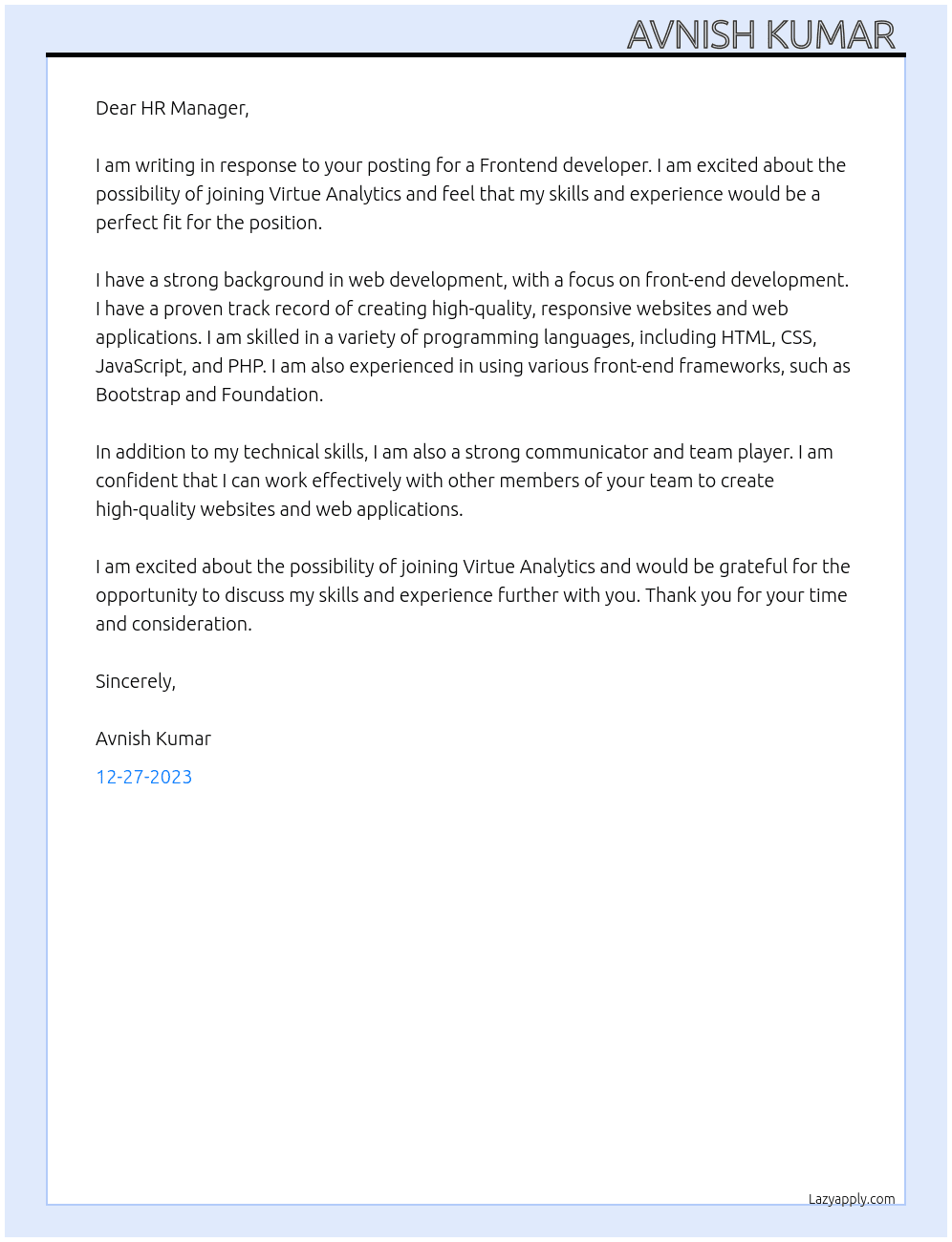 Frontend developer At Virtue Analytics Cover Letter