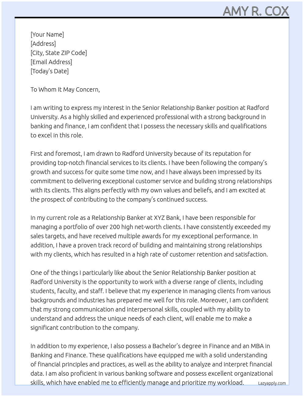 Senior Relationship Banker At Radford University Cover Letter