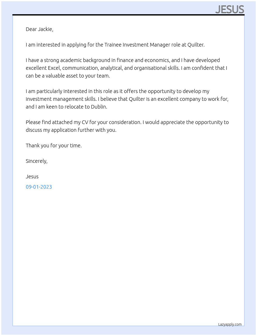 Trainee Investment Manager At Quilter Cover Letter