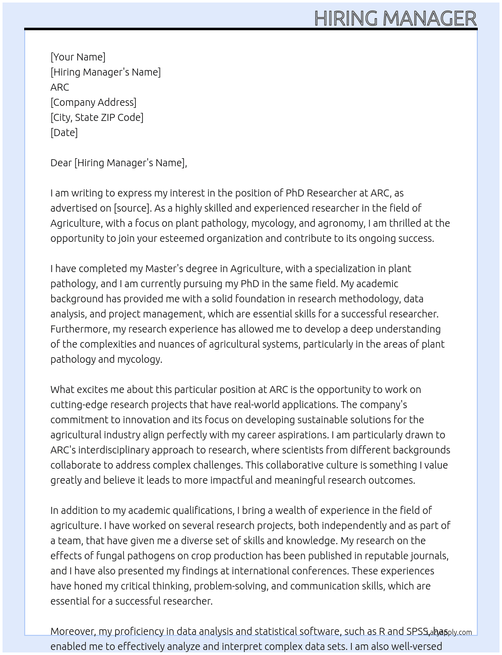 PhD At ARC Cover Letter