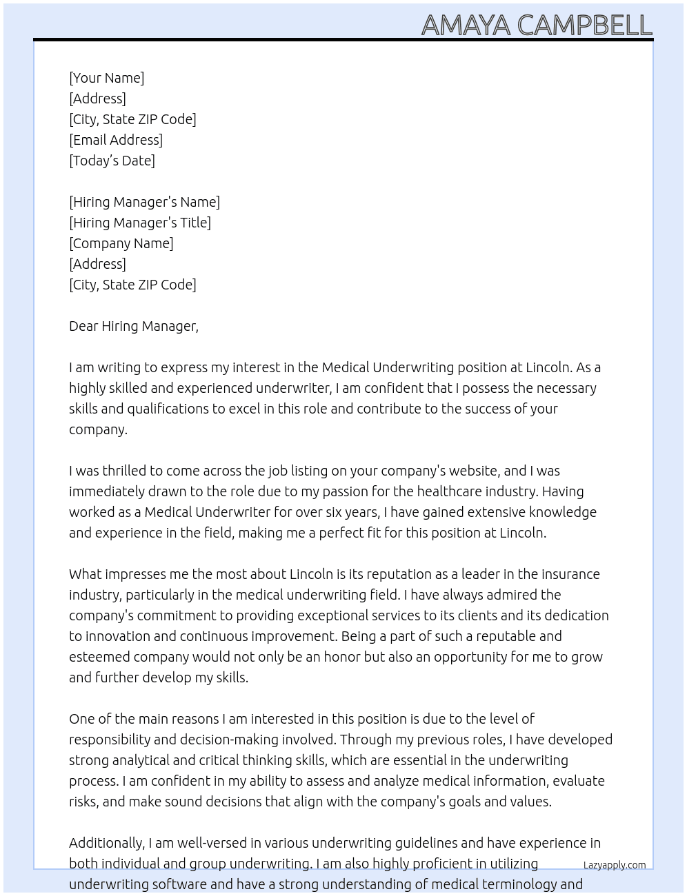 Medical Underwriting  At Lincoln  Cover Letter