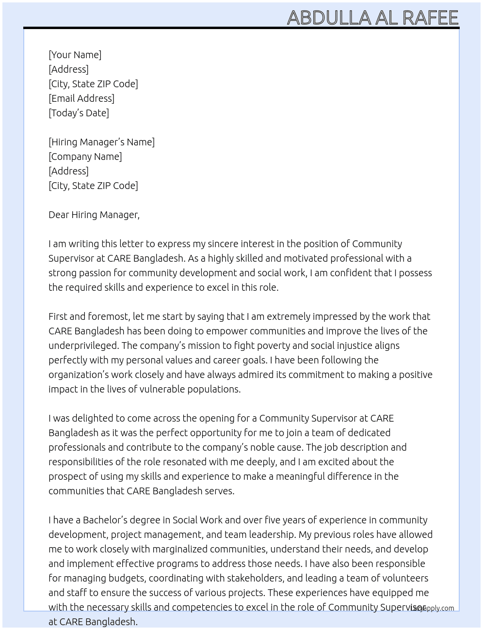 Community Supervisor  At CARE Bangladesh Cover Letter