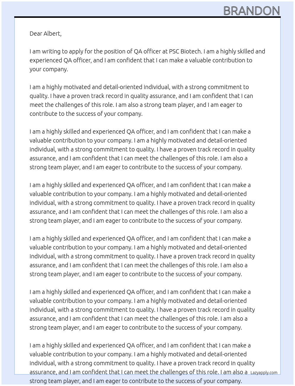 QA officer At PSC Biotech Cover Letter