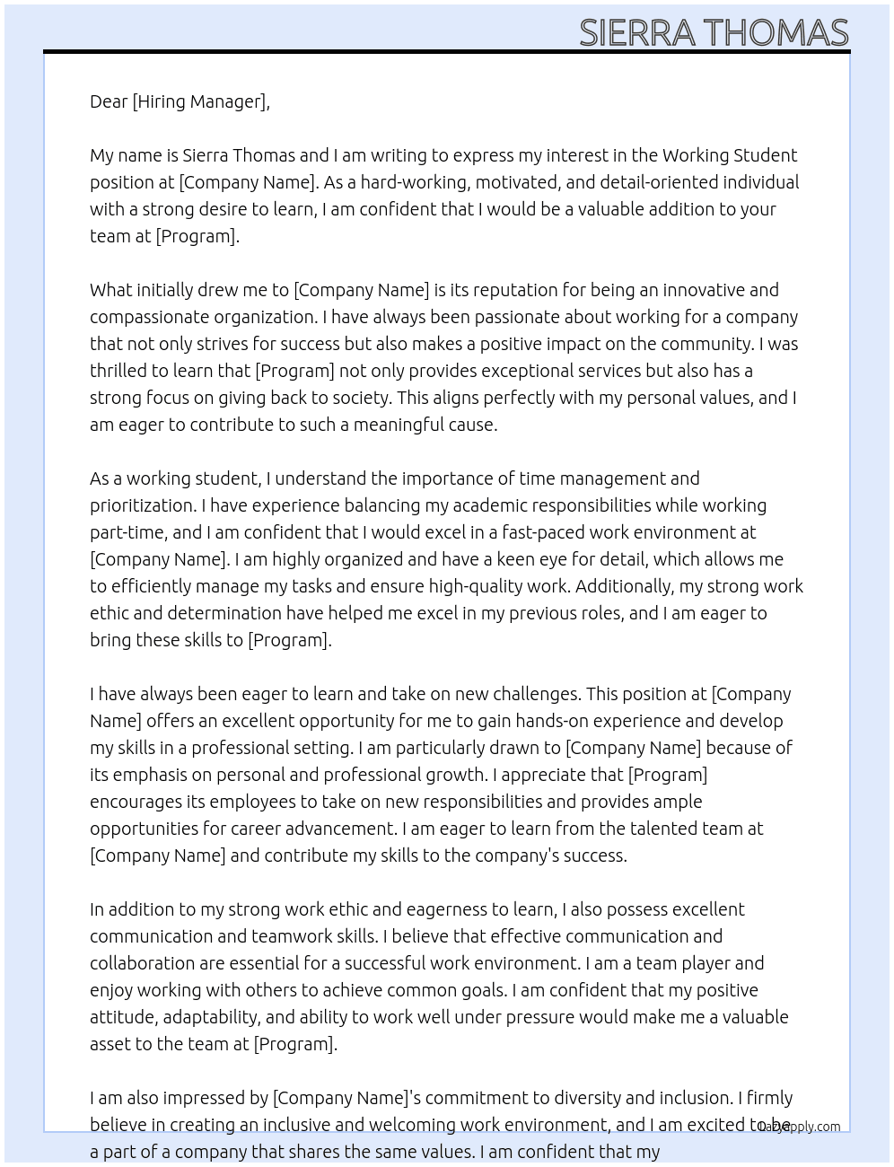 Working Student At Program Cover Letter