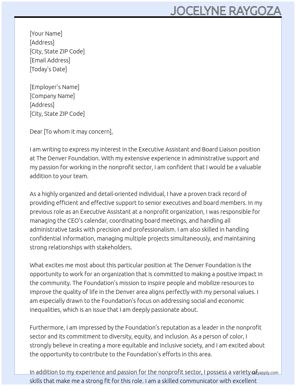 Executive Assistant and Board Liason At The Denver Foundation Cover Letter